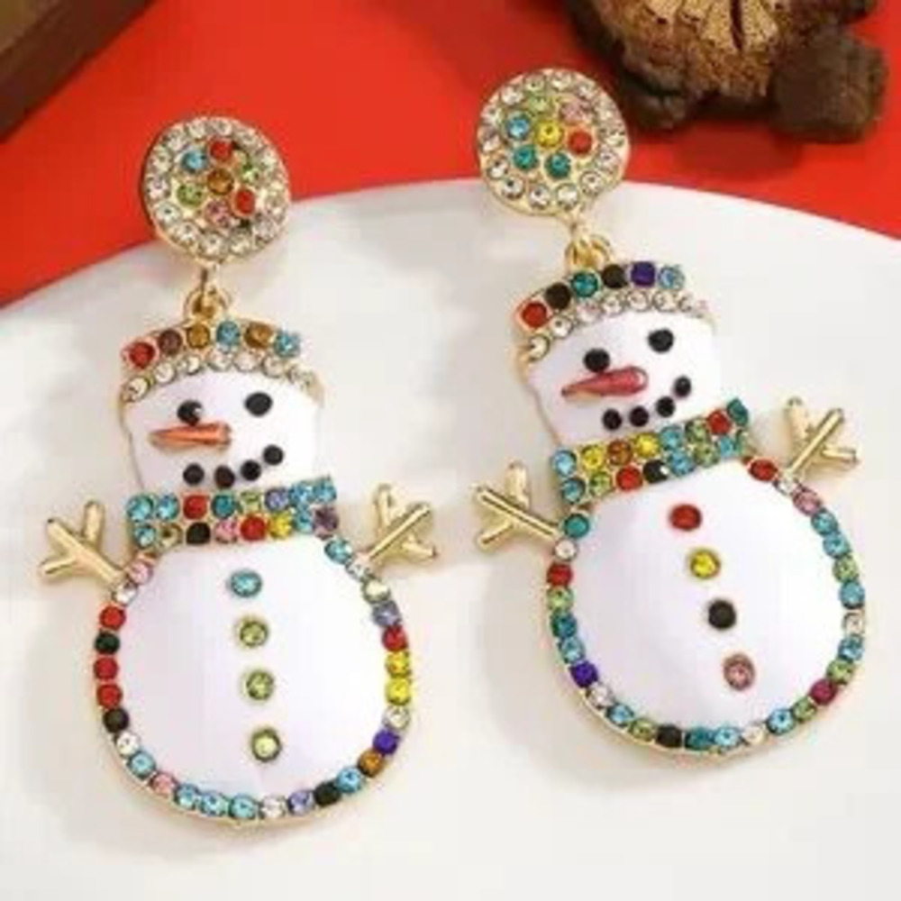 Christmas Cute Snowman Earrings,Enamel Rhinestone Cartoon Drop Earrings,